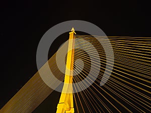 BANGKOK - High Resolution of Rama VIII Bridge Cable : Night scene of the Steel bridge pylon during the night in Bangkok, Thailand