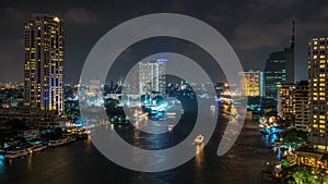 Bangkok night light traffic river construction roof top panorama 4k time lapse thailand