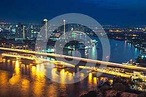 Bangkok river side cityscape. Bangkok night view in the business