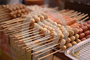 Bangkok street food selling. BBQ meat ball