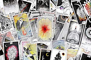 Bangkok, thailand, 14 Dec2022, tarot cards spreading flat lay, the wild unknown tarot deck, major arcana, sun, star, the world,