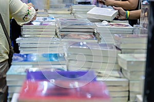 Bangkok, Thailand - April 6, 2019 : Piles of books at Bangkok International Book Fair at Queen Sirikit National Convention Center