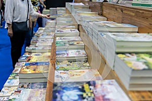 Bangkok, Thailand - April 6, 2019 : Piles of books at Bangkok International Book Fair at Queen Sirikit National Convention Center