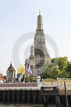 View of Wat Arun from the middle of Chao Phraya river, Bangkok, Thailand