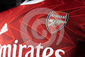 Close Up on Logo of Arsenal Football Club on an official 2020 jerseys