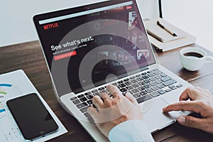 Bangkok, Thailand - August 23, 2017 : Netflix app on Laptop screen. Netflix is an international leading subscription service for w