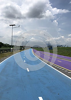 Bangkok, Thailand, the blue Skylane cycling path near the airport