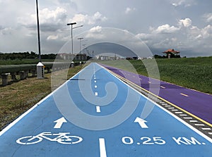 Bangkok, Thailand, the blue Skylane cycling path near the airport