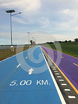 Bangkok, Thailand, the blue Skylane cycling path near the airport