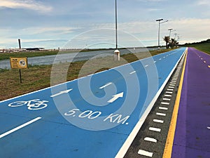 Bangkok, Thailand, the blue Skylane cycling path near the airport