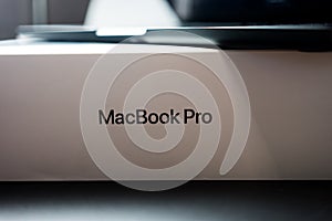 Bangkok, Thailand -December 24, 2023 : Close up text a MacBook pro printed on box on white box of Apple MacBook Pro