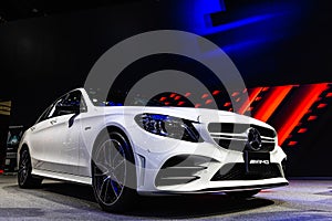 Bangkok, Thailand - Decemebr 3, 2019 : The Mercedes Benz E200 AMG display on the Bangkok Motor Expo 2019 in Thailand