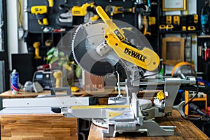 BANGKOK, THAILAND - 26.10.2021:  DEWALT sliding compound miter saw on wooden teble at carpenter workplace ,Bangkok