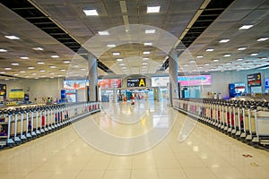 BANGKOK, THAILAND - FEBRUARY 08, 2018: Indoor view of baggage carts at Suvanaphumi Airport, Bangkok, Suvarnabhumi