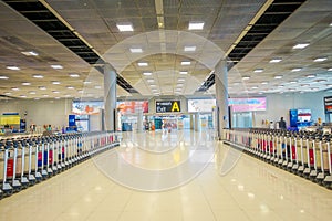 BANGKOK, THAILAND - FEBRUARY 08, 2018: Indoor view of baggage carts at Suvanaphumi Airport, Bangkok, Suvarnabhumi