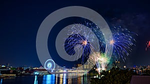 Bangkok, Thailand - January 1 2021: Celebration fireworks countdown 2021 at ASIATIQUE The Riverfront, . Happy new year