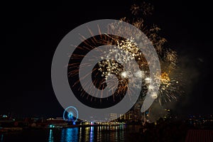 Bangkok, Thailand - January 1 2021: Celebration fireworks countdown 2021 at ASIATIQUE The Riverfront, . Happy new year