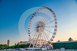 Bangkok, Thailand - January 5, 2020: Ferris Wheel in Asiatique Waterfront at sunset