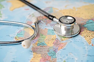 Bangkok  Thailand - June 1  2020  Stethoscope on Asia world globe map background. world globe map background