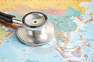 Bangkok, Thailand June 1, 2022, Stethoscope on Asia world globe map background