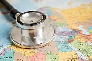 Bangkok, Thailand June 1, 2022, Stethoscope on Europe world globe map background