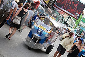 Bangkok, Thailand - June 3, 2018: Tuk Tuk or Samlor, which is a famous traditional taxi and often used for carrying goods in city,