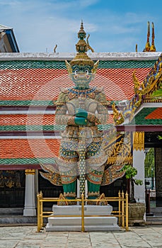 Bangkok, Thailand - Mar 29, 2022:  The Thailand traditional arts of Demon Guardian or Giant guardian at the gate of the temple of