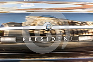 BANGKOK, THAILAND - MARCH 2019: Nissan President car model inscription on the trunk