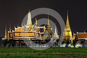 Bangkok Thailand , March 10 , 2021 : The Temple of the Emerald Buddha and The Grand Palace with beautiful lights at night is an