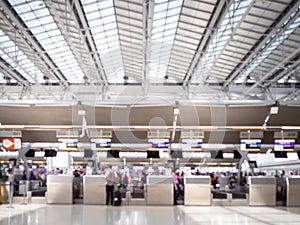 BANGKOK, THAILAND - May 3, 2019: inside of Suvarnabhumi Airport. Airport Check-In Counters With Passengers in Bangkok ,Thailand.