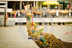 BANGKOK,THAILAND-NO VEMBER 9:Decorated barge parades past the Grand Palace at the Chao Phraya River during Fry the Kathina ceremon