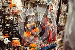 BANGKOK, THAILAND - October 25, 2021: Halloween decorations and costumes prominently displayed at Sampheng market during the