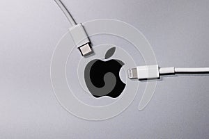 Apple Logo with Lighting and Usb-c Cable Charger. EU try to Forced Apple Iphone to Use Usb-c Instead of Lighting Cable in the Near