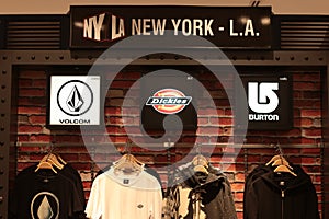 Bangkok Thailand-Sep2018: NYLA New York brand  volcom , dickies , burton  shirts shop at department store