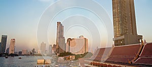 Bangkok, Thailand. Sunset aerial view of Asiatique Riverfront with cityscape and Chao Phraya River