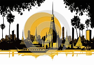 Bangkok Travel Illustration, Thailand Tourism Concept, Skylines, Landmarks, Bangkok Graphic Art