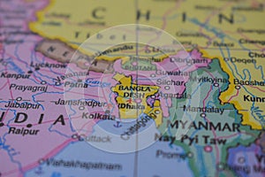 Bangla Desh Travel Concept Country Name On The Political World Map Very Macro Close-Up View Stock Photograph
