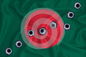 Bangladesh flag Close-up shot on waving background texture with bullet holes. The concept of design solutions. 3d rendering