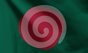 the Bangladesh flag red disc slightly off center to the left defacing a dark green banner