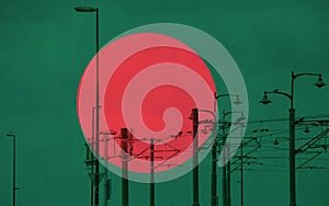 Bangladesh flag with tram connecting on electric line with blue sky as background, electric railway train and power supply lines