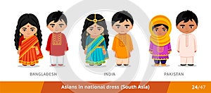Bangladesh, India, Pakistan. Men and women in national dress. Set of asian people wearing ethnic clothing.