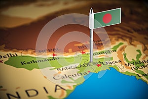 Bangladesh marked with a flag on the map