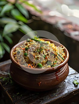 Bangladeshi panta bhat in a clay pot, fermented rice with mustard oil and spices. A traditional and flavorful dish from