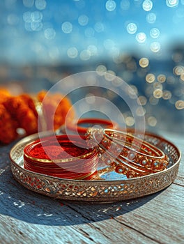 Bangles and Sindoor Beautifully Arranged on a Tray With a Soft Bokeh Background and Sky at Dusk photo