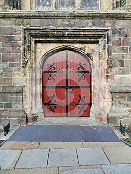 Bangor cathedral door with iron hinges and gothic design