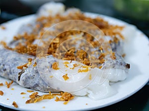 Banh cuon with hanh phi, a Vietnamese breakfast roll
