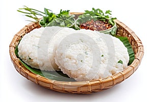 Banh Uc is a Vietnamese rice flour cake, traditionally steamed and served with a dipping sauce. This photo shows the cake in a photo