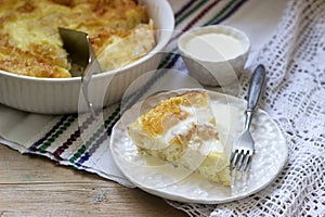 Banitsa, a traditional Bulgarian or Balkan filo pastry pie stuffed with feta cheese, sour milk and eggs. Rustic style