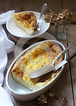 Banitsa, a traditional Bulgarian or Balkan filo pastry pie stuffed with feta cheese, sour milk and eggs. Rustic style.