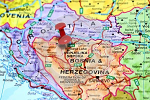 Banja Luka pinned on a map of europe photo